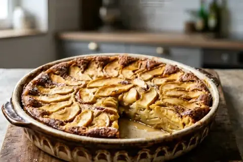 Un délicieux clafoutis aux pommes, doré et moelleux, servi dans un plat en terre cuite.