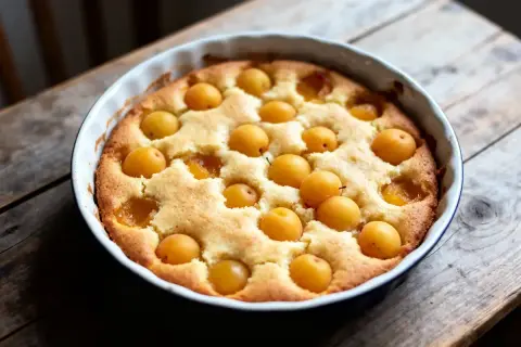 Un délicieux clafoutis aux mirabelles, doré et moelleux, prêt à être dégusté.