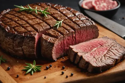 Un magnifique filet de bœuf, parfaitement grillé, attend d'être dégusté. Sa cuisson révèle une chair rosée et tendre.