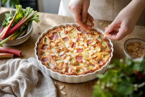 Finition d'un clafoutis rhubarbe aux amandes effilées, prêt à être dégusté.