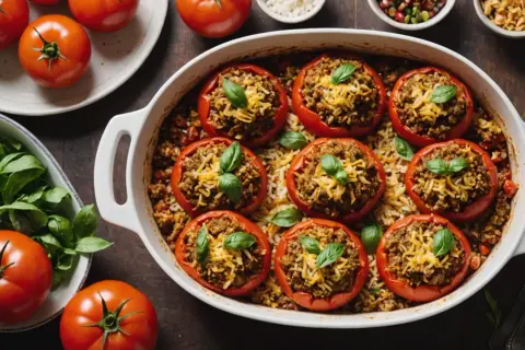 Tomates au four garnies de viande et de riz, saupoudrées de fromage râpé et de basilic frais. Un plat réconfortant et savoureux.