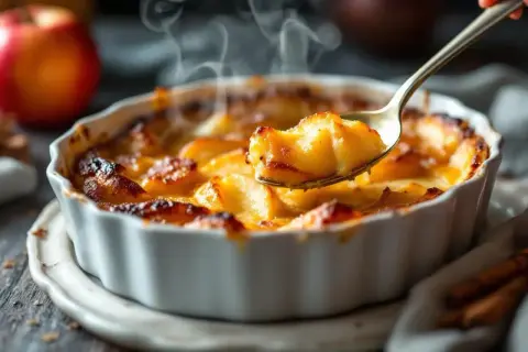 Une cuillère prélève une portion fumante d'un flan aux pommes doré et croustillant, prêt à être dégusté.
