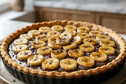 Délicieuse tarte banane chocolat, garnie de rondelles de banane caramélisées et de copeaux de chocolat noir. Un régal pour les yeux et les papilles.