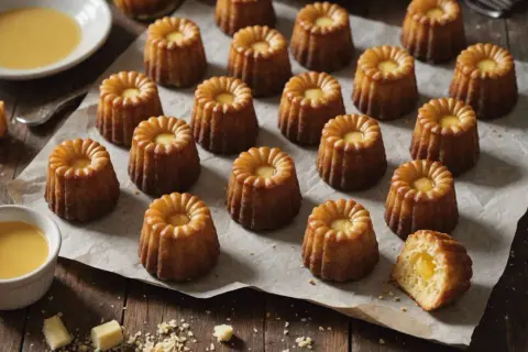 Une belle présentation de cannelés dorés, parfaits pour une recette facile. Un cannelé est coupé, révélant son cœur moelleux.