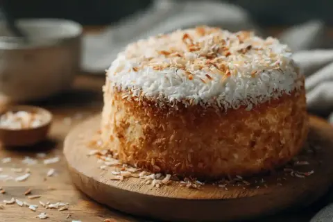 Un délicieux gâteau noix de coco, recouvert de flocons de noix de coco grillés et d'une crème blanche. Parfait pour une pause gourmande.