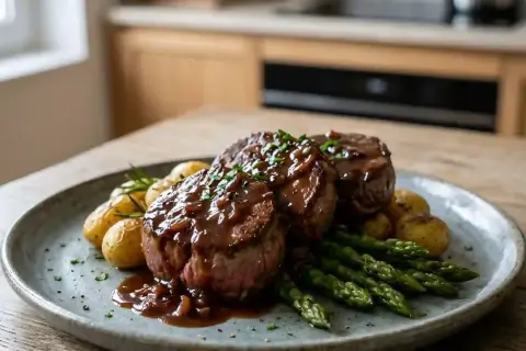 Trois tournedos nappés de sauce madère, accompagnés de pommes de terre grenaille et d'asperges vertes. Un plat savoureux dont la sauce madère origine fait le délice des gourmets.