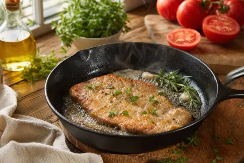 Escalope de veau dorée dans une poêle en fonte, avec de l'ail et des herbes. La cuisson est presque terminée.