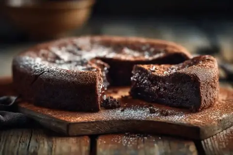 Un délicieux moelleux au chocolat, saupoudré de sucre glace, est servi sur une planche en bois rustique.