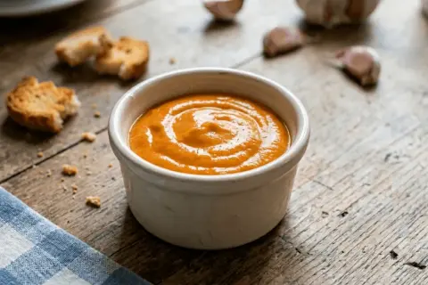 Un bol de rouille, recette traditionnelle, avec des croûtons et de l'ail sur une table en bois.