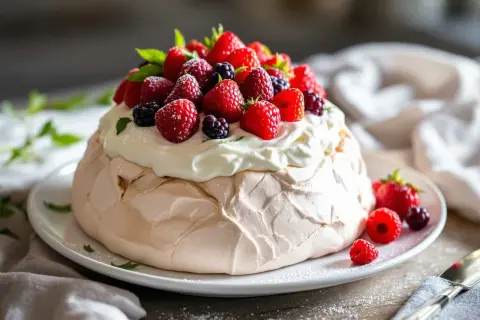 Pavlova aérienne garnie de crème fouettée et de fruits rouges frais. Une délicieuse recette pavlova pour un dessert léger et fruité.