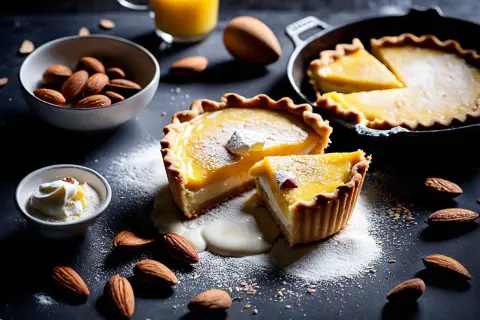 Délicieuse tartelette à la pâte sablée amandes, garnie d'une crème citronnée et saupoudrée de sucre glace. Des amandes entières et une touche de crème complètent cette gourmandise.