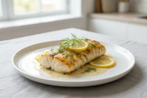 Un savoureux dos de cabillaud au four, nappé d'une sauce crémeuse, garni de rondelles de citron et d'aneth frais.