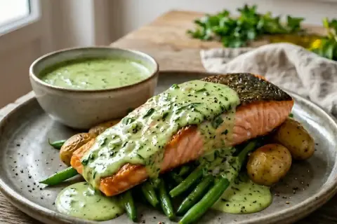 Filet de saumon croustillant nappé d'une sauce à l'oseille crémeuse, servi avec des haricots verts et des pommes de terre grenaille.