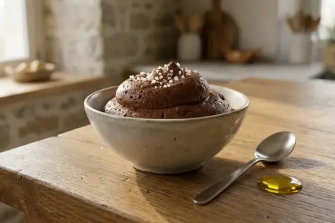 Une généreuse portion de mousse au chocolat, saupoudrée de gros sel, attend dans un bol en céramique sur une table en bois. Une cuillère et une goutte d'huile dorée sont à côté.