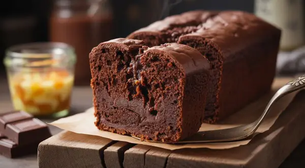 Un moelleux gâteau chocolat compote, encore chaud, avec une garniture fondante. À côté, des carrés de chocolat et une compote de fruits.