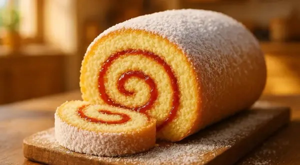 Un gâteau roulé moelleux, saupoudré de sucre glace, avec une spirale de confiture rouge. Parfait pour une recette facile et gourmande.