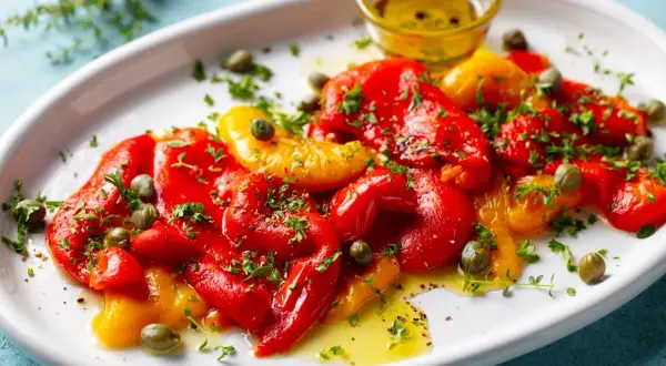Poivrons marinés rouges et jaunes, arrosés d'huile d'olive et parsemés de câpres et de persil frais. Un délice coloré.