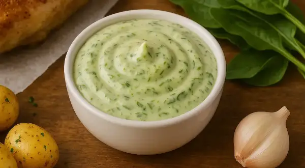 Sauce oseille grand chef, crémeuse et parsemée d'herbes fraîches, prête à accompagner un plat savoureux.