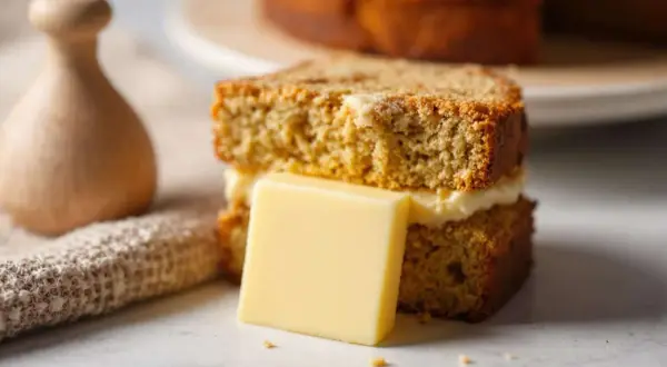 Un délicieux gâteau au café, garni de crème et d'une tranche de beurre, prêt à être dégusté.