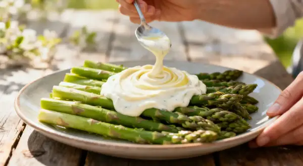 Des asperges vertes fraîches sont nappées d'une onctueuse sauce crémeuse. Un délice printanier !