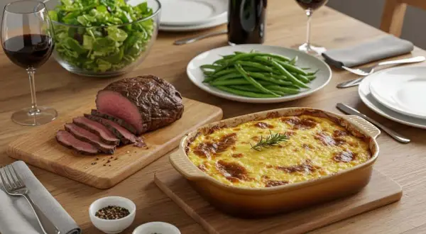 Un rôti de bœuf tranché, une salade verte, des haricots verts et un gratin crémeux, un accompagnement viande rouge parfait pour un repas convivial.