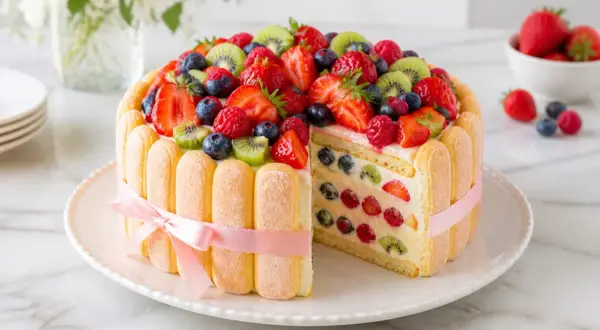 Charlotte aux fruits facile, un gâteau léger et coloré garni de fraises, framboises, myrtilles et kiwis.