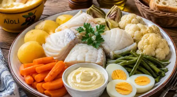 Plat de poisson blanc, pommes de terre, carottes, haricots verts, chou-fleur, artichauts et œufs durs, servi avec une sauce aïoli gastronomique.