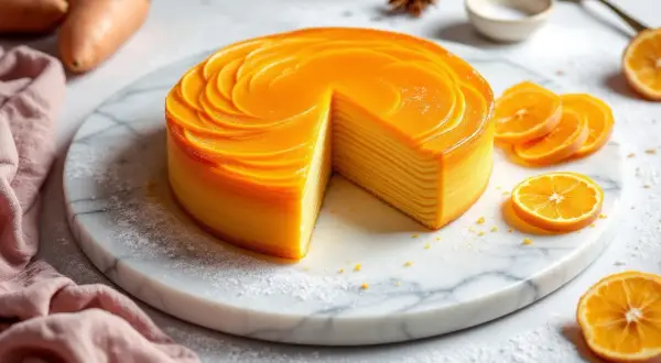 Gâteau mille-crêpes à la patate douce, orné de spirales orangées, servi avec des tranches d'orange sur une planche de marbre.
