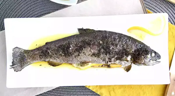 Une truite au four entière, dorée et savoureuse, servie sur une assiette blanche avec des quartiers de citron. Un délice simple et sain.