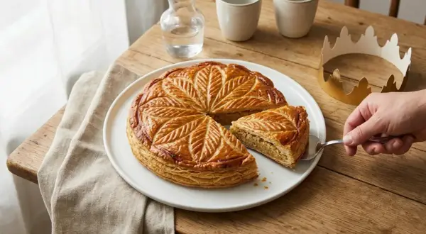 Une galette des rois pâtissier dorée, décorée de feuilles, est servie. Une part est prélevée, une couronne dorée est à côté.