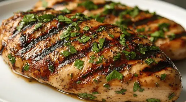 Deux filets de poulet grillés, parsemés de persil frais. La marinade poulet a donné une belle couleur dorée et des marques de grillades appétissantes.