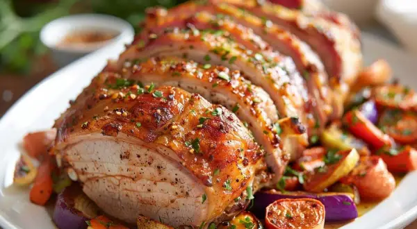 Rôti de porc Cookeo, tranché et servi avec des légumes rôtis colorés. Un plat savoureux et facile à préparer.