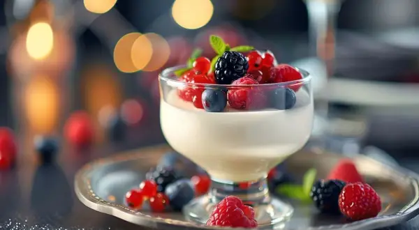 Délicieuse panna cotta framboise, garnie de fruits rouges frais et servie sur un plateau argenté, avec des lumières douces en arrière-plan.