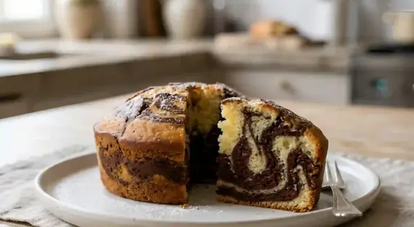 Un délicieux gâteau marbré, saupoudré de sucre glace, est présenté sur une assiette blanche. Une part est coupée, révélant ses motifs tourbillonnants de chocolat et de vanille.