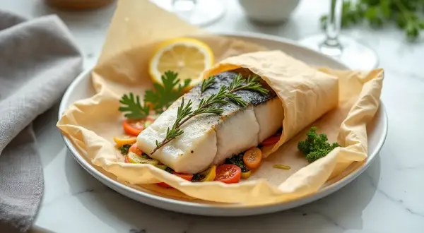 Un délicieux cabillaud en papillote, garni de romarin, servi sur un lit de légumes colorés et d'une tranche de citron.