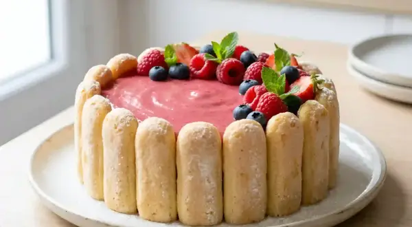 Charlotte au fromage blanc, garnie de fruits rouges frais et de menthe. Un délice visuel et gustatif.
