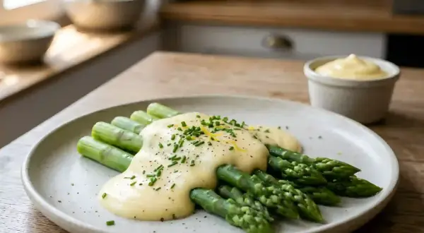 Asperges vertes nappées d'une onctueuse sauce mousseline, parsemées de ciboulette et de poivre.