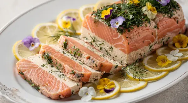 Une magnifique terrine de saumon, œuvre d'un chef étoilé, garnie d'herbes fraîches et de fleurs comestibles, servie avec des rondelles de citron.
