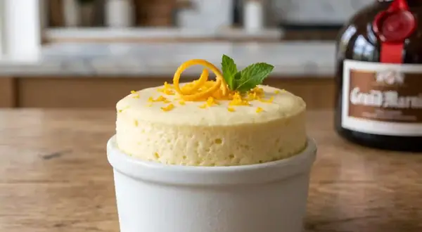 Soufflé Grand Marnier aérien, décoré d'une spirale d'orange et de menthe, prêt à être dégusté. La bouteille de Grand Marnier est en arrière-plan.