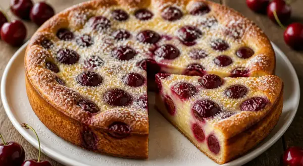 Un délicieux clafoutis aux cerises, saupoudré de sucre glace, avec une part coupée pour révéler les fruits juteux. Parfait pour une recette de clafoutis aux cerises.
