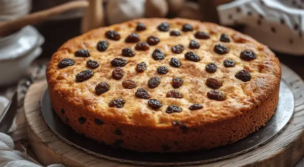 Gâteau aux raisins secs, doré et parsemé de cannelle, prêt à être dégusté.