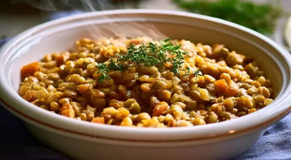 Un plat fumant de cuisson lentilles blondes, garni de thym frais. Les lentilles sont tendres et mélangées à des morceaux de légumes.