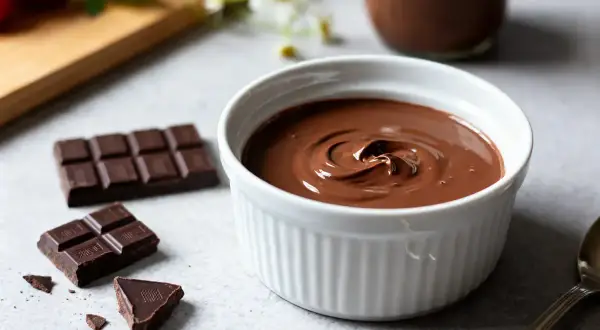 Crème au chocolat onctueuse, parfaite pour une recette crème au chocolat grand chef. Des morceaux de chocolat noir et des fraises en arrière-plan.