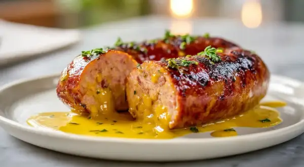 Andouillette dorée et juteuse, coupée en deux, baignant dans une sauce onctueuse. Un délice préparé à l'air fryer.