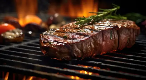 Un faux filet savoureux sur le gril, avec des herbes aromatiques et des flammes dans l'arrière-plan. La cuisson du faux filet est à son apogée.