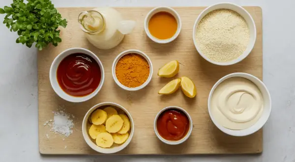 Ingrédients pour comment faire une sauce : ketchup, curcuma, citron, banane, sel, huile, et une sauce crémeuse.