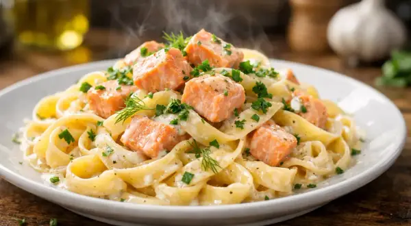 Une assiette de tagliatelles au saumon crémeuses, garnie d'aneth et de persil frais. La vapeur s'échappe de ce plat appétissant.