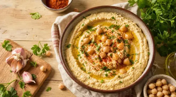 Un bol de houmous crémeux, garni de pois chiches, d'huile d'olive et de persil. Une recette houmous facile à réaliser, avec de l'ail et du paprika à proximité.