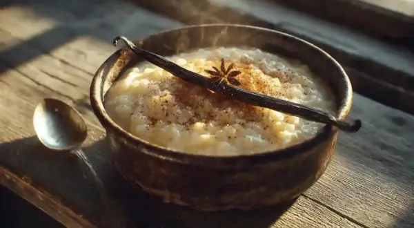 Un bol fumant de riz au lait crémeux, garni d'une gousse de vanille et d'une pincée de cannelle, sur une table en bois rustique.