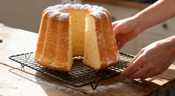 Un délicieux gâteau de Savoie, encore chaud et saupoudré de sucre glace, est posé sur une grille.